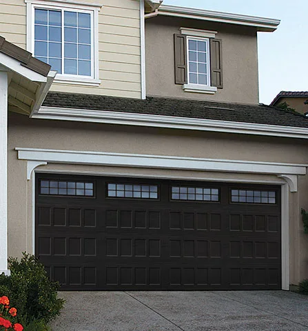 Amarr Hillcrest recessed glazed black steel double garage door