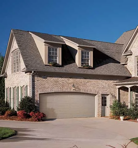 Amarr Lincoln long panel closed sandtone steel double garage door