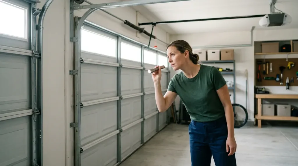 Homeowner performing a visual inspection of overhead door tracks and rollers