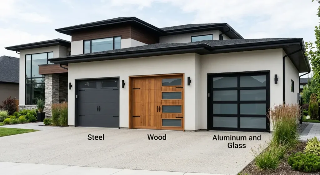 Comparison of steel, wood, and aluminum garage doors installed on modern residential homes